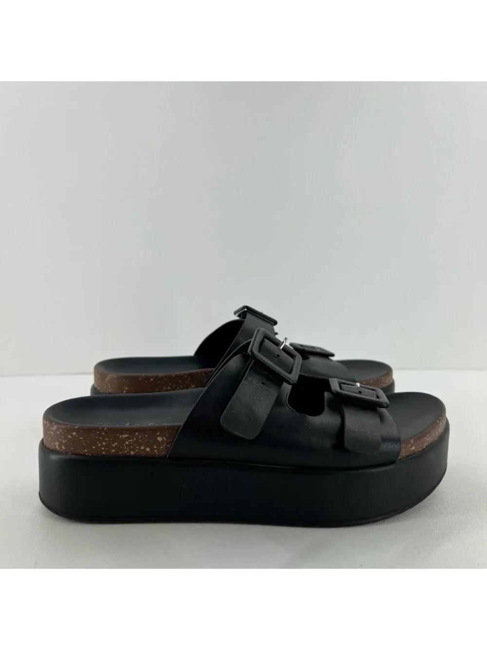 Project Cloud Platform Slide Sandals Womens 8.5 Memory Foam Wedge Leather Black
